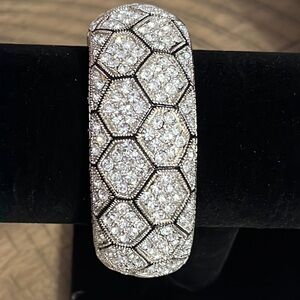 Art Deco Honeycomb Pave Crystal Hinged Bangle | Silver Tone Statement Cuff